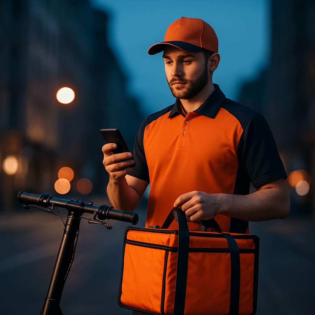 Repartidor de Delivery Express con bolsa de entrega junto a un scooter eléctrico